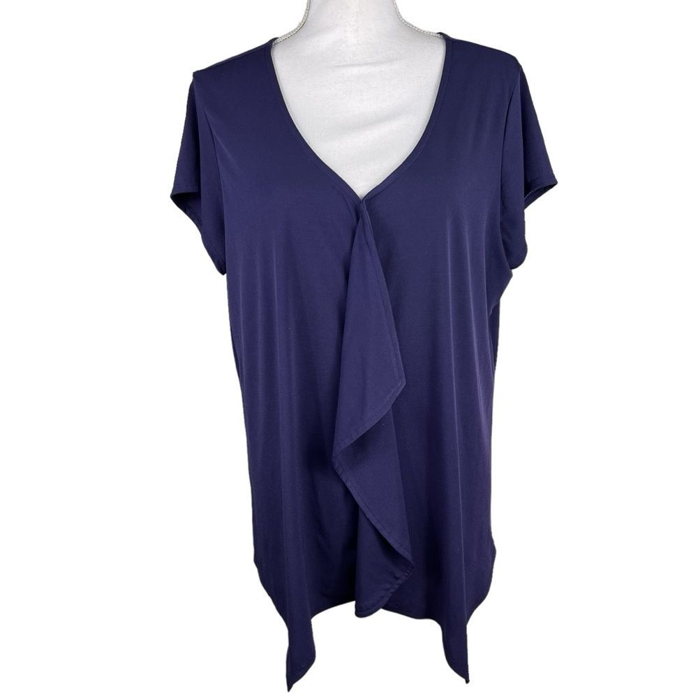NY Collection Navy Blue Short Sleeve Pullover Blouse XL V Neck Flattering